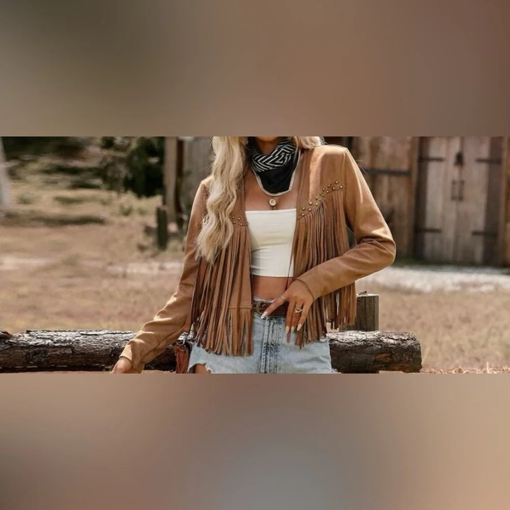 Women's Faux SuedeTan Fringe Jacket - Picture 6 of 9